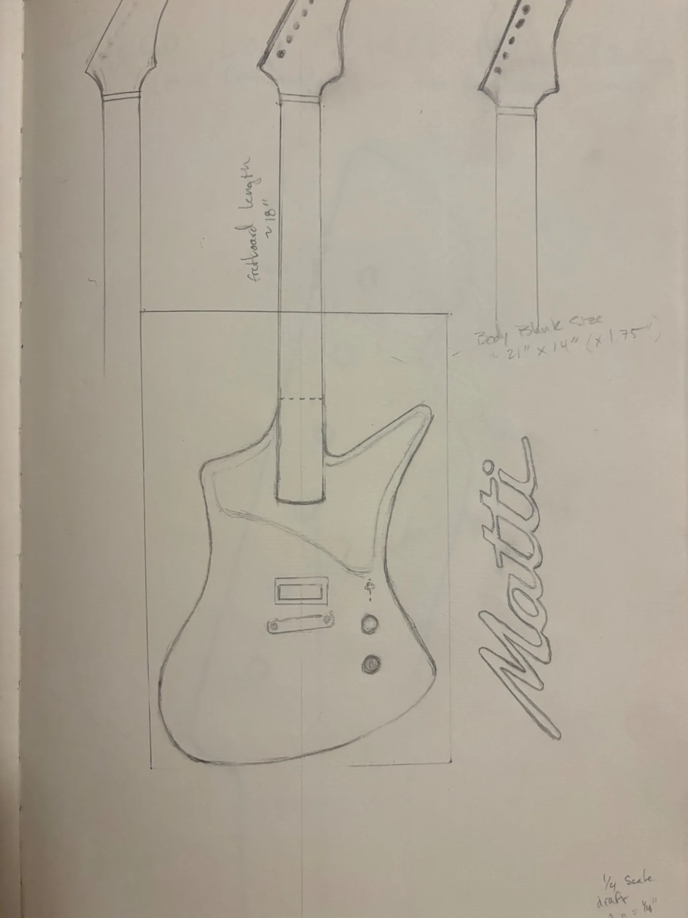 Full sketchbook drawing of the Matti Craters guitar concept.
