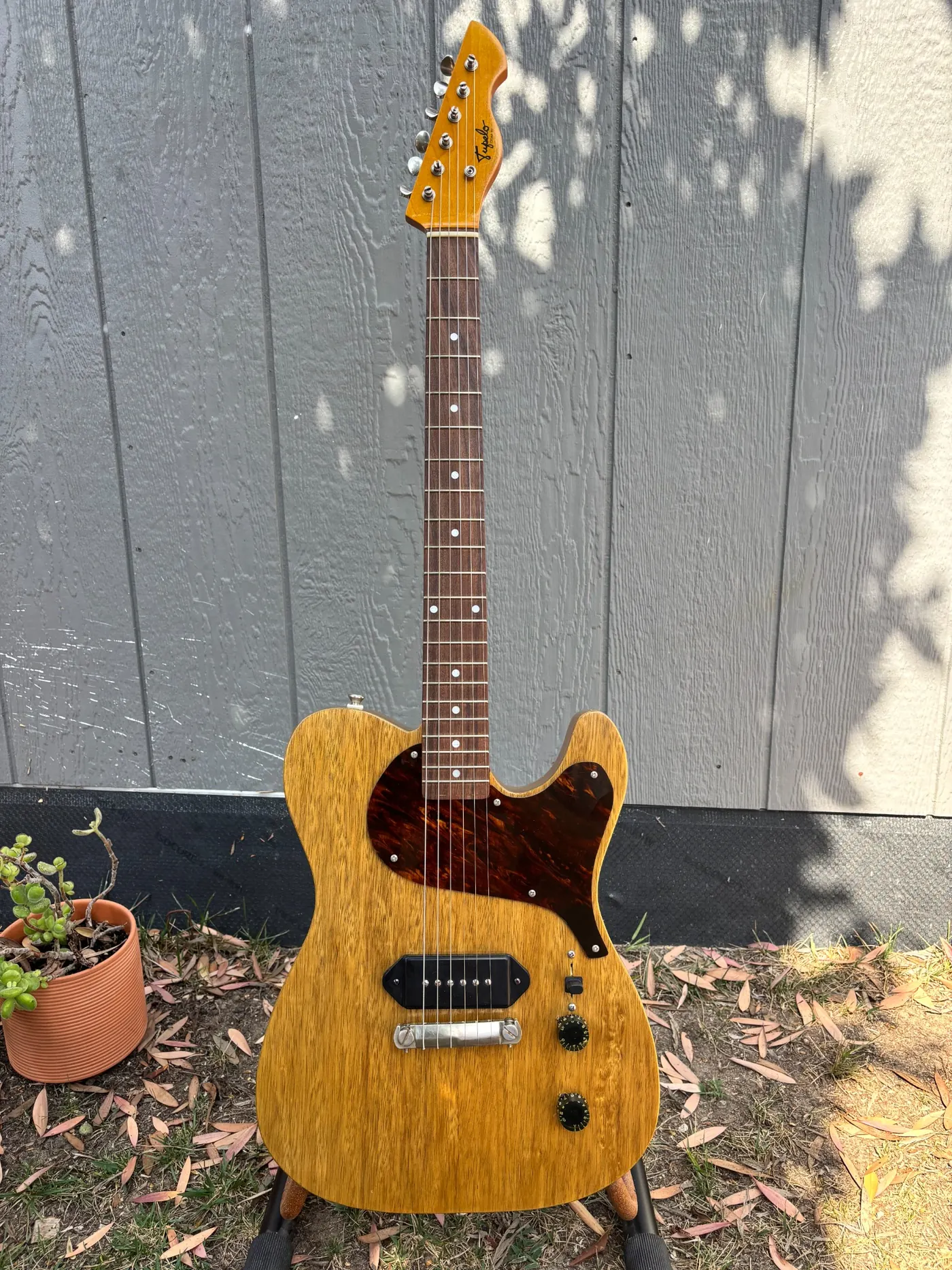 Completed Tupelo Plume body with tort guard and dogear P-90.