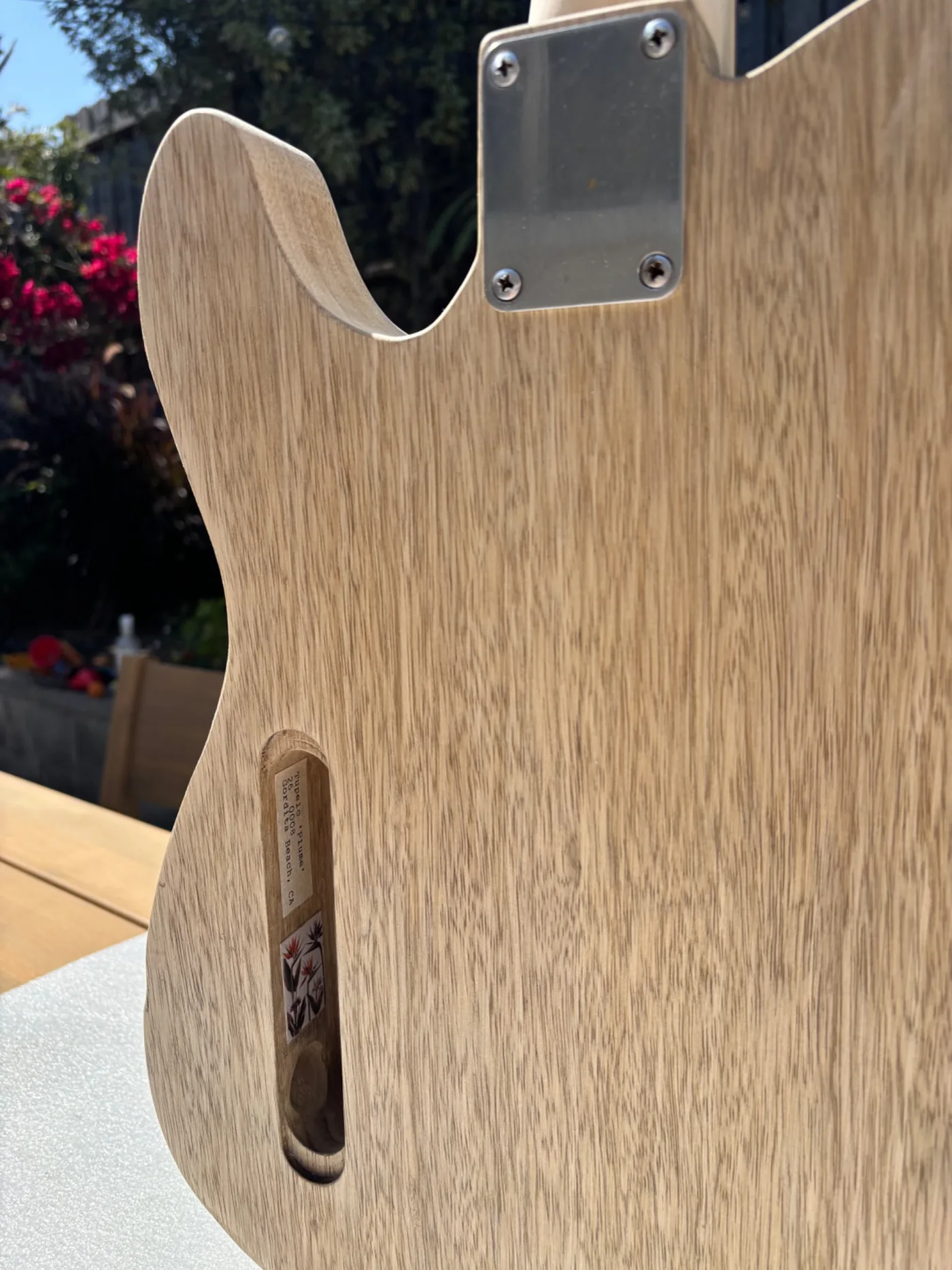 Close detail of Plume body grain, neck joint, and rear cavity.